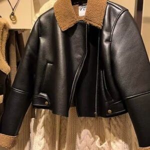 Zara Black Leather Jacket with Brown Collar
